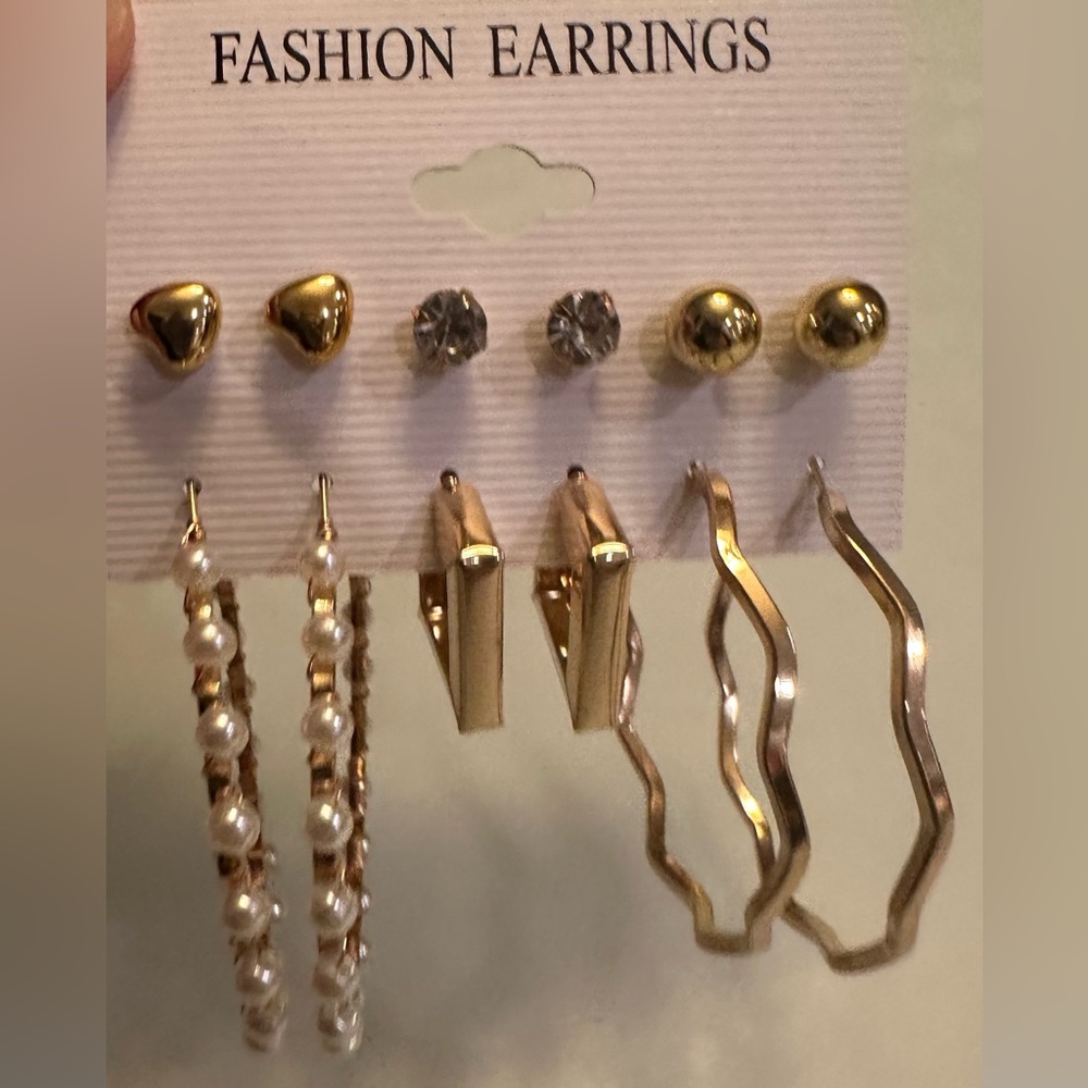 Brand new fashion earrings- set of 6 pairs of hoops and studs.